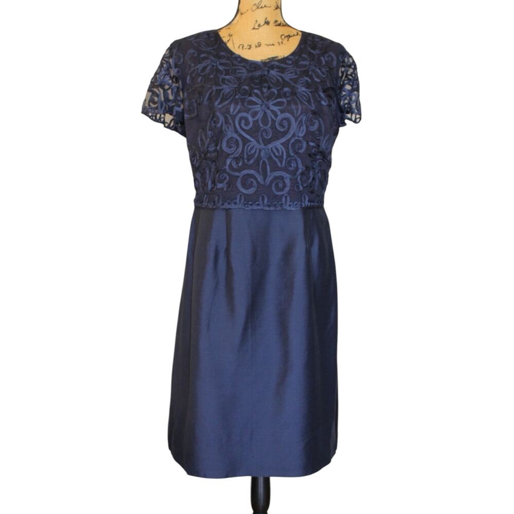 VTG 60s 70s Navy Blue Floral Corded Bodice Midi Pencil Dress Women's L